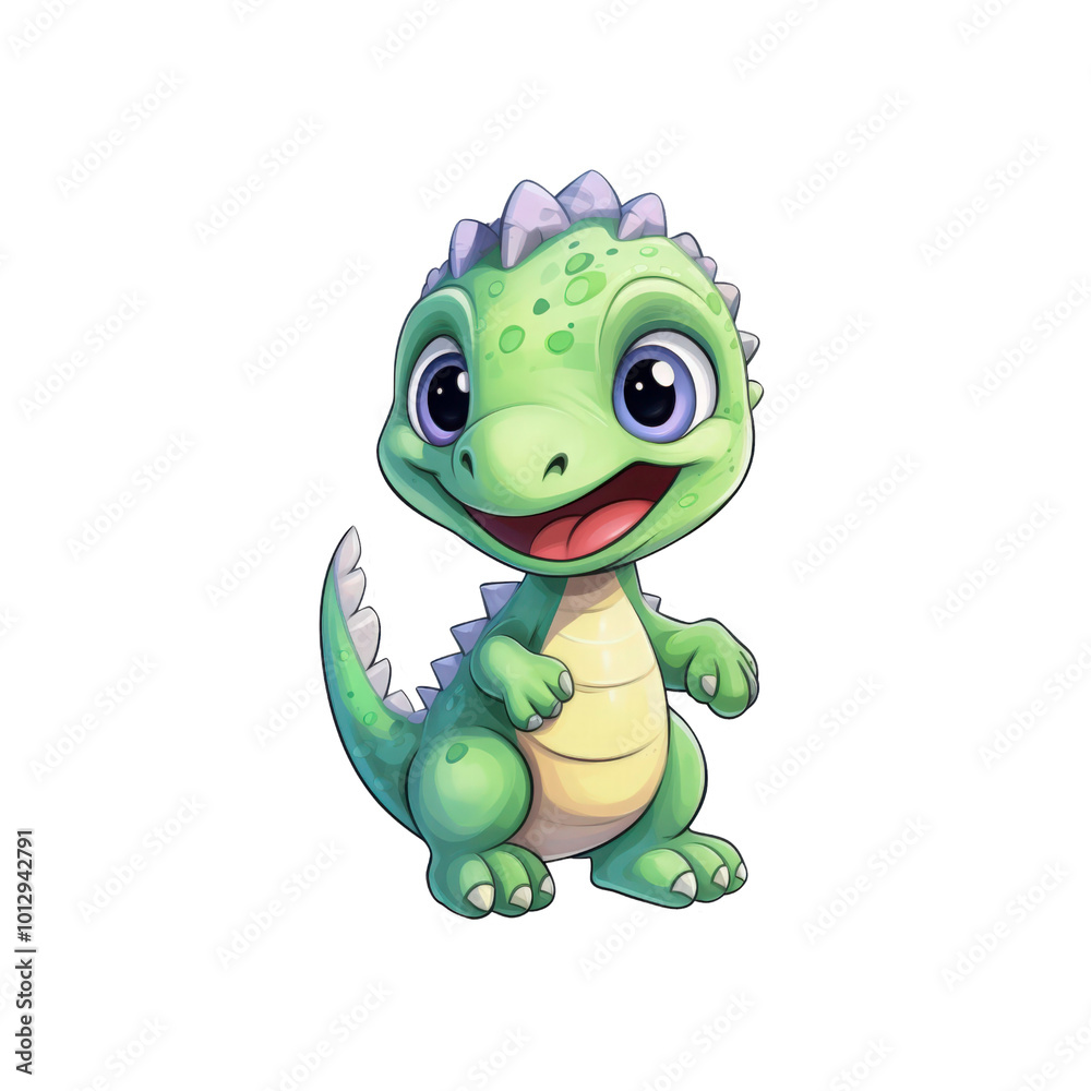 Fototapeta premium A green dinosaur with big eyes and a tail suitable for children's books, posters, and educational materials. Friendly and adorable character design. Generative AI