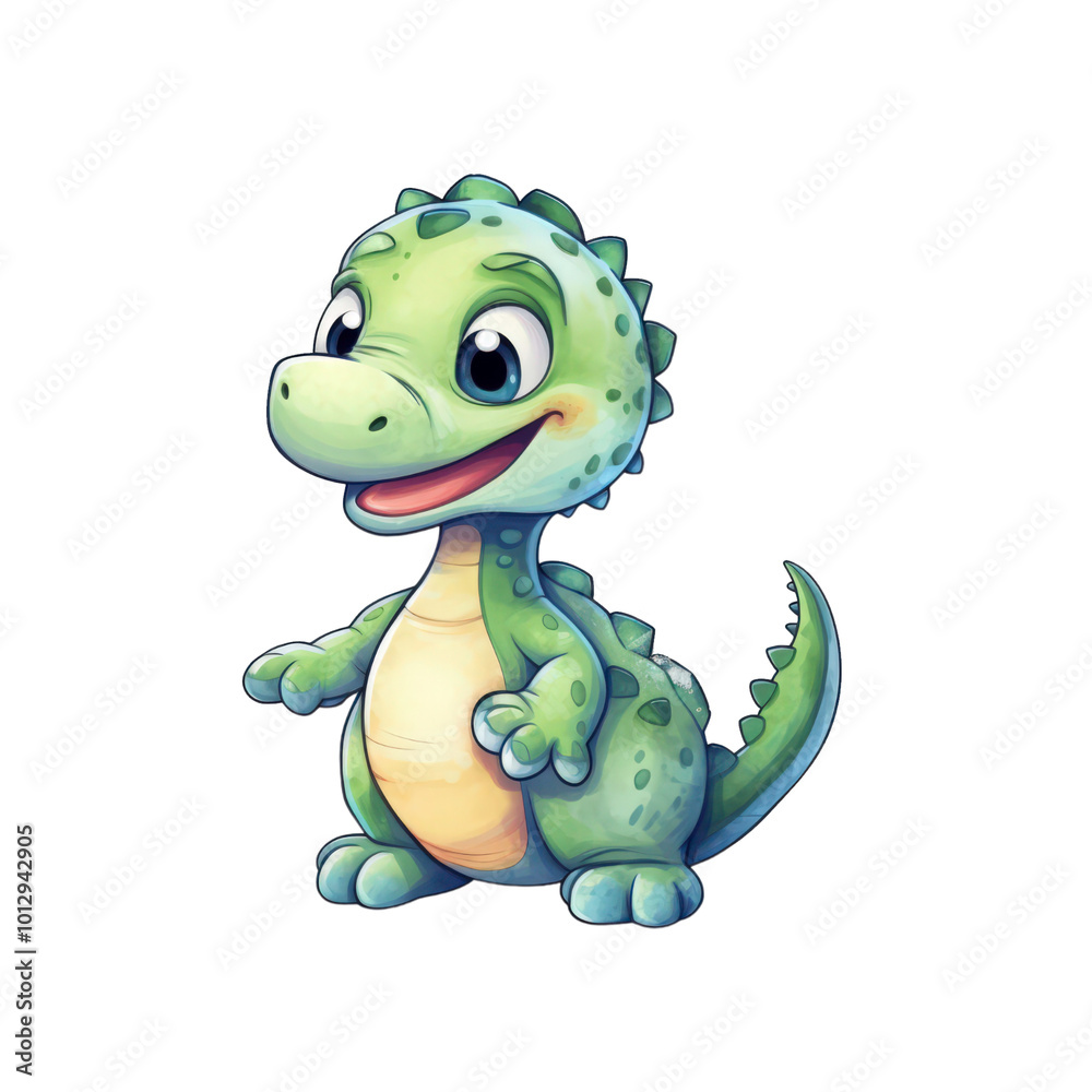 Fototapeta premium A green dinosaur with big eyes and a tail suitable for children's books, posters, and educational materials. Friendly and adorable character design. Generative AI