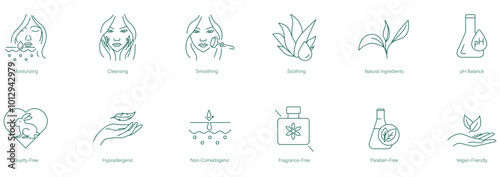 Moisturizing, Cleansing, Smoothing, Soothing, Natural Ingredients, pH Balance, Cruelty-Free, Hypoallergenic, Non-Comedogenic, Fragrance-Free, Paraben-Free, Vegan-Friendly Icon Set