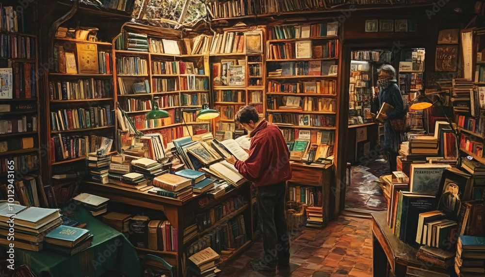 Capture individuals flipping through books in a cluttered, cozy vintage bookstore, focusing on the feeling of discovery and nostalgia