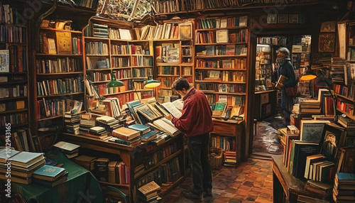 Capture individuals flipping through books in a cluttered, cozy vintage bookstore, focusing on the feeling of discovery and nostalgia