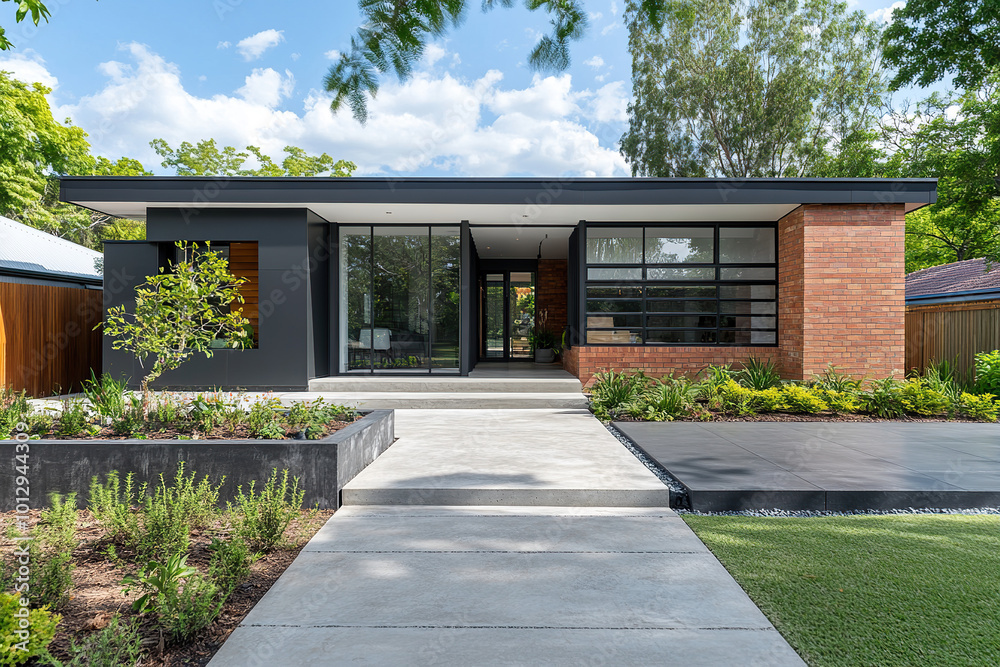 A front view of an Australian modernist home with dark grey walls, red brick accents, and large glass windows, set on a tree-lined street in the Eureka corridor.The front yard features a concrete path