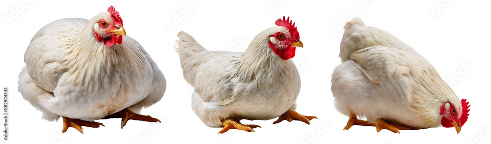 Fototapeta premium Three white chickens on a white isolated background, showcasing their unique postures and features.