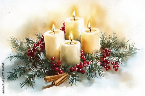 Watercolor Advent wreath with glowing candles and festive decor