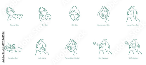 Normal Skin, Dry, Oily Skin, Combination Skin, Acne-Prone, Sensitive Skin, Anti-Aging, Pigmentation Control, Sun Exposure, UV Protection Icon Set