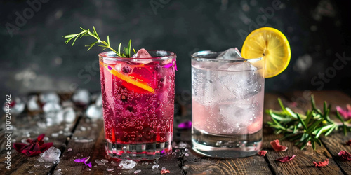 Drinks gin and tonic with hibiscus with black background