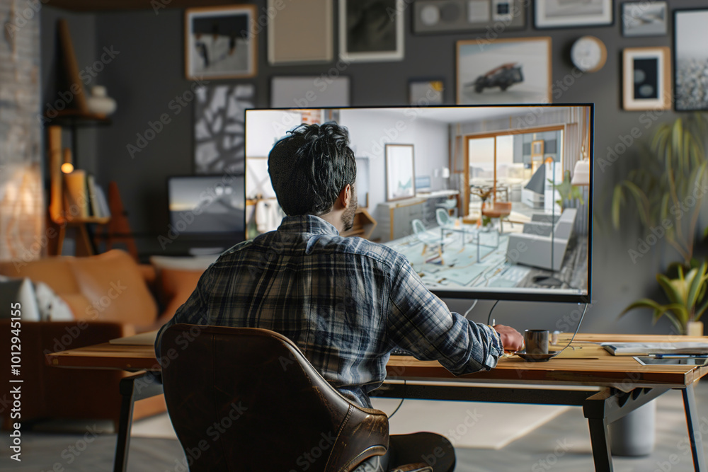Designer at a desk, intensely focused, adjusting 3D room layout on a large monitor Designer at a desk, intensely focused, adjusting 3D room layout on a large monitor