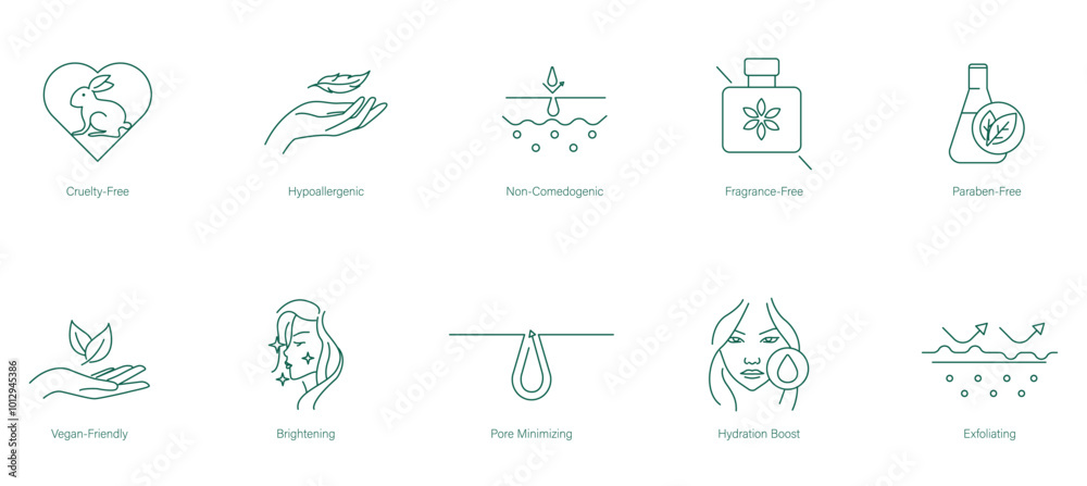 Fototapeta premium Cruelty-Free, Hypoallergenic, Non-Comedogenic, Fragrance-Free, Paraben-Free, Wrinkle-Friendly, Brightening, Pore Minimizing, Hydration Boost, Exfoliating Icon Set