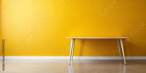 A simple wooden table with tapered legs against a bright yellow wall, offering a minimalist backdrop for design and product placement.