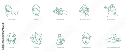 Normal Skin, Oily Skin, Sensitive Skin, Pigmentation Control, UV Protection, Cleansing, Soothing, Paraben-Free, Wrinkle Reducer, Dermatologically Tested Icon Set