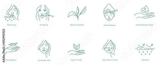 Moisturizing, Smoothing, Natural Ingredients, Wrinkle Reducer, Dermatologically Tested, Hypoallergenic, Combination Skin, Regen-Friendly, Pigmentation Control icon set