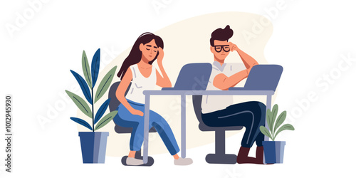 Young tired team of office workers sitting at desk, falling asleep after long hours of work, feeling overwhelmed, vector illustration