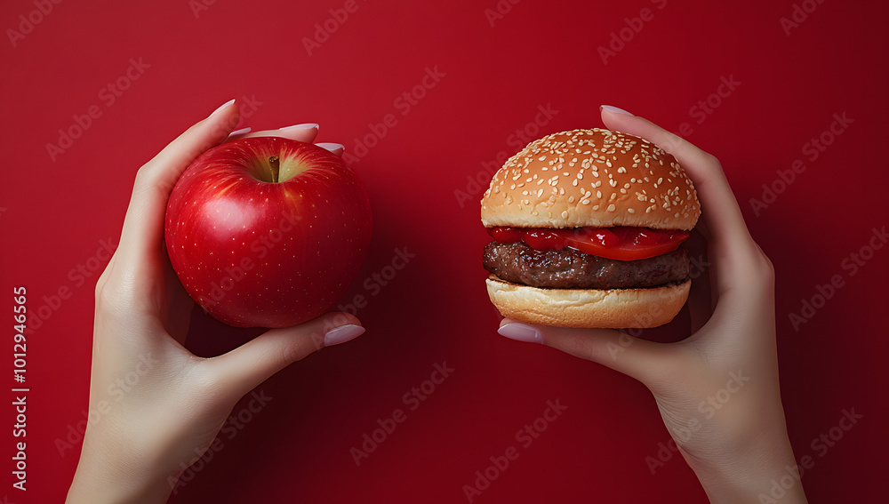 Hand holding apple and burger on red background
Hand holding apple and burger on red background