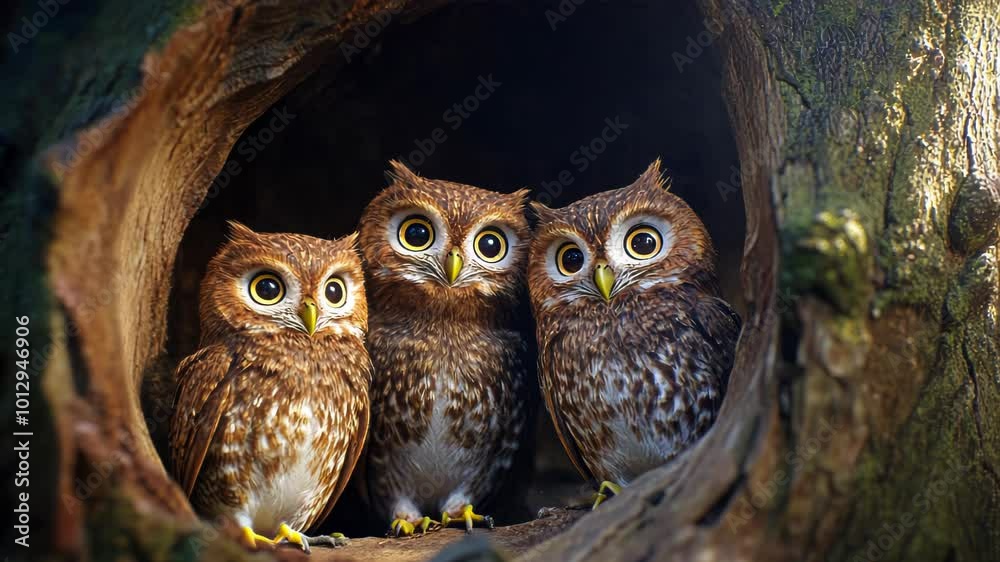 Three Owls In A Tree Hollow Three Owls In A Tree Hollow