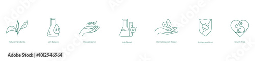 Natural Ingredient, pH Balance, Hypoallergenic, Lab Tested, Dermatologically Tested, Antibacterial, Cruelty-Free Skincare Icon Set