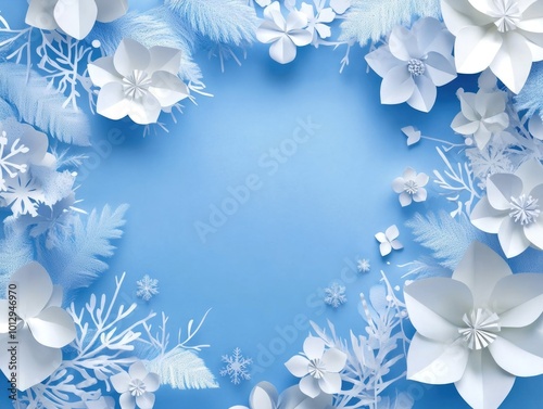 Blue background with paper flowers and snowflakes