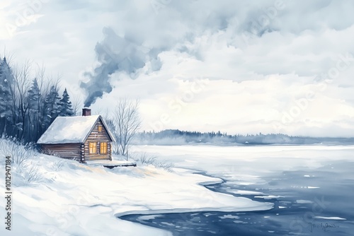 Deep winter scene with a lakeside cabin and smoke curling from the chimney