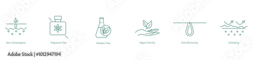 Non-Comedogenic, Fragrance-Free, Paraben-Free, Vegan-Friendly, Pore-Minimizing, Exfoliating Cosmetic Icon Set