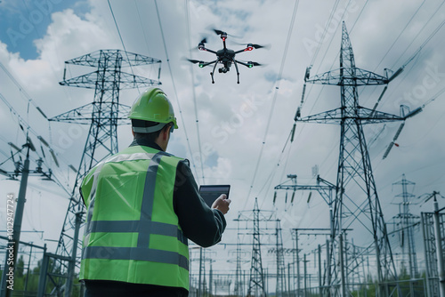 Technician controlling drone near high-voltage power lines, focusing on inspection screen, electrical towers photo