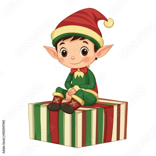 Cute Christmas elf sitting on striped gift box