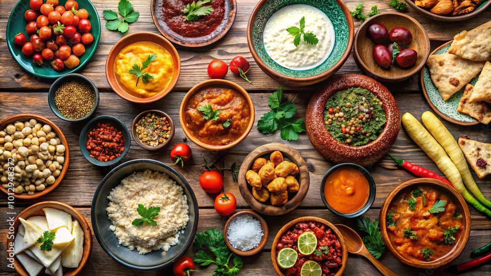 A Rustic Table Spread of Diverse Dishes and Garnishes, Celebrating a Feast of Flavor and Texture A Rustic Table Spread of Diverse Dishes and Garnishes, Celebrating a Feast of Flavor and Texture