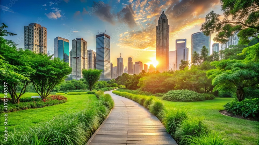 A winding pathway through a serene urban park, framed by lush greenery and towering skyscrapers, bathed in the golden glow of a vibrant sunset.