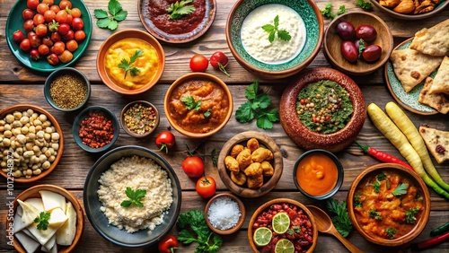 A Rustic Table Spread of Diverse Dishes and Garnishes, Celebrating a Feast of Flavor and Texture