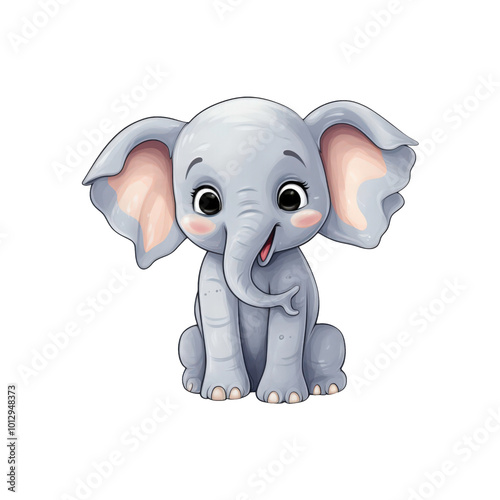 A smiling gray elephant is sitting down. Suitable for children's books, greeting cards, and cute animal designs. Generative AI