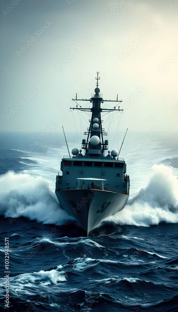 A naval ship cutting through rough ocean waters during a dramatic storm, showcasing its power and resilience against the elements, perfect for maritime and adventure themes. A naval ship cutting through rough ocean waters during a dramatic storm, showcasing its power and resilience against the elements, perfect for maritime and adventure themes.
