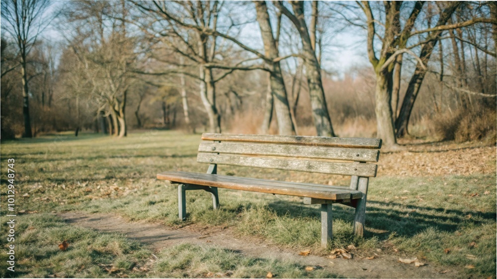 Abandoned park bench surrounded by trees and grass, evoking tranquility in an autumn or winter setting,An empty park bench in a tranquil setting,A solitary park bench amidst trees and grass. Abandoned park bench surrounded by trees and grass, evoking tranquility in an autumn or winter setting,An empty park bench in a tranquil setting,A solitary park bench amidst trees and grass.