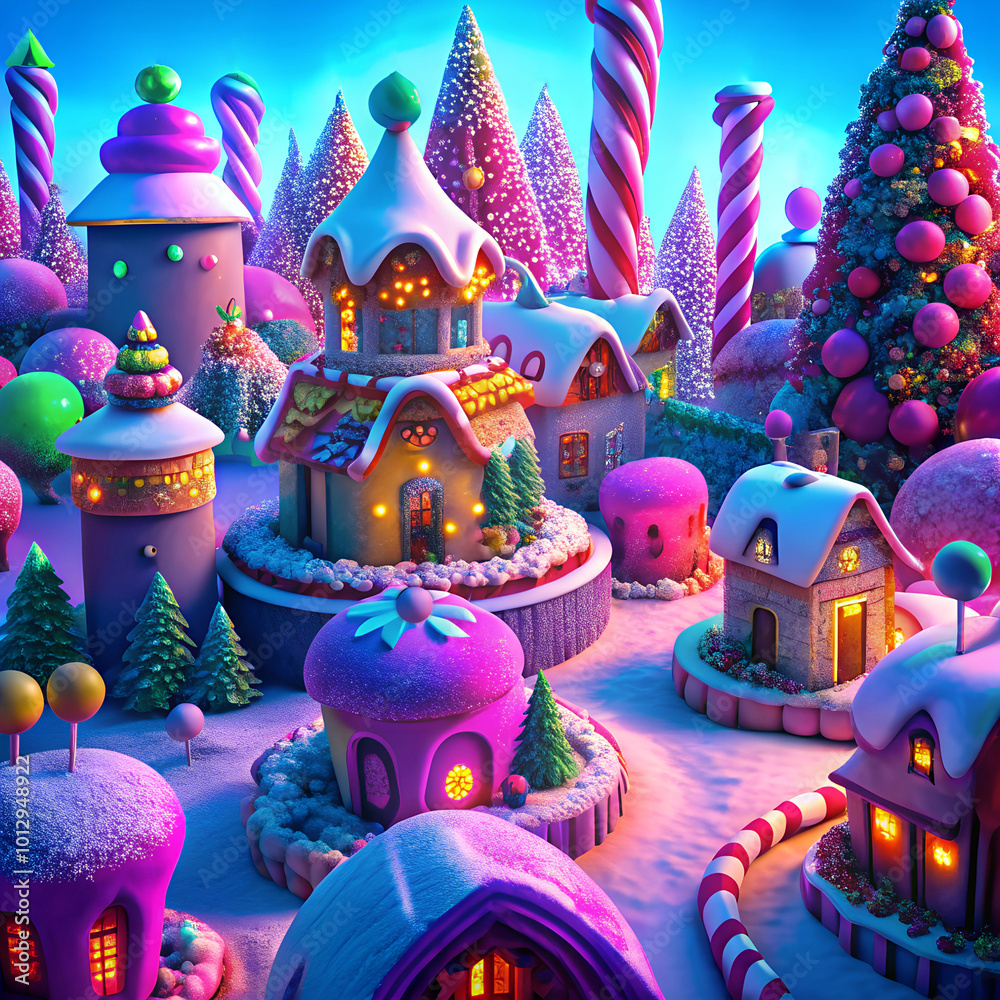 Gingerbread Village, delicious toy dessert with Christmas theme. A whimsical village made entirely of gingerbread houses, candy cane lamp posts, frosting snow. Flat cartoon grunge style illustration. Gingerbread Village, delicious toy dessert with Christmas theme. A whimsical village made entirely of gingerbread houses, candy cane lamp posts, frosting snow. Flat cartoon grunge style illustration.