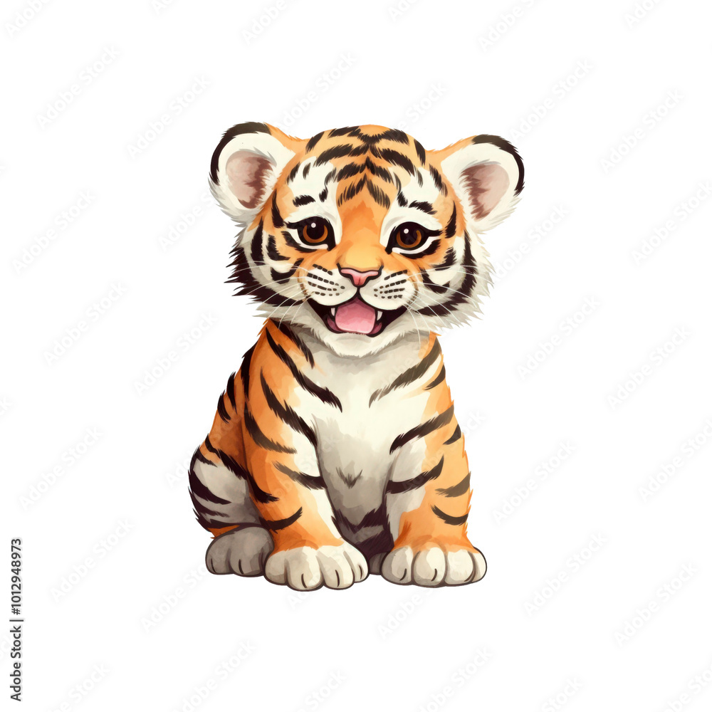 Fototapeta premium A smiling baby tiger is sitting. Perfect for wildlife conservation, children's books, or educational materials. Generative AI