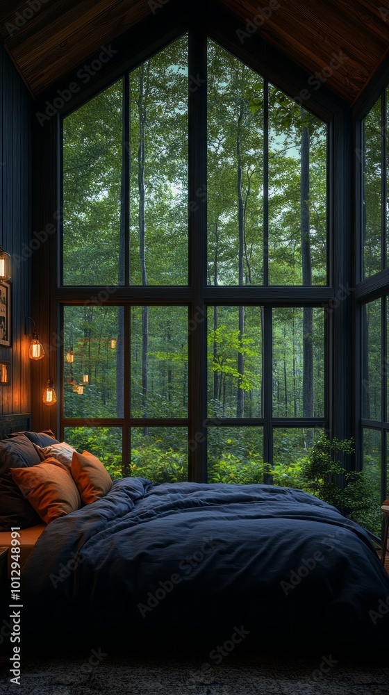 Fototapeta premium A bedroom with a large window overlooking a forest