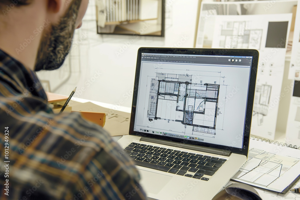 Architect sketching on paper, simultaneously using software to refine room layout Architect sketching on paper, simultaneously using software to refine room layout