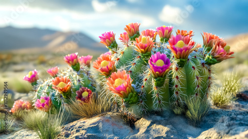 Cactus blooming in the desert spring with pink and orange flowers