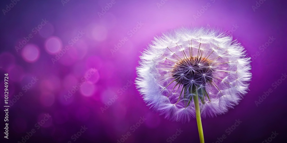 A single dandelion seed head, fully bloomed and ready to disperse its seeds, stands tall against a backdrop of soft purple bokeh. A single dandelion seed head, fully bloomed and ready to disperse its seeds, stands tall against a backdrop of soft purple bokeh.