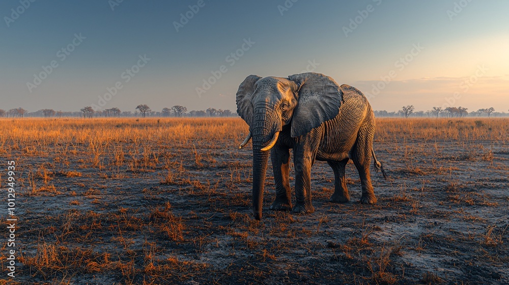 Fototapeta premium Elephant in Barren Landscape at Sunset