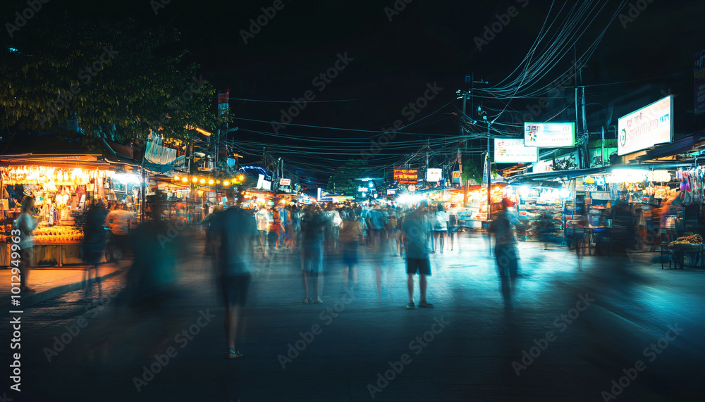 Obraz premium Capture people exploring a lively night market, with vibrant street food stalls and glowing lights in the background
