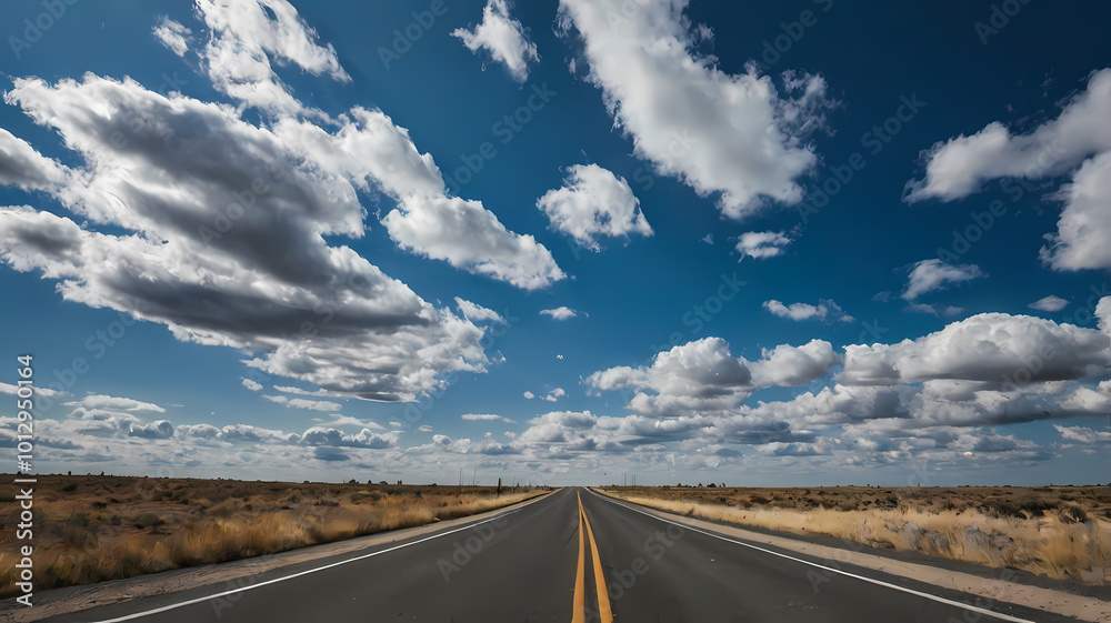 Vast empty road in summer with sunburst in bright blue sky overhead; Northern region, Iceland Vast empty road in summer with sunburst in bright blue sky overhead; Northern region, Iceland