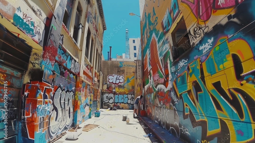 Naklejka premium Vibrant High Angle Shot of Alleyway Art