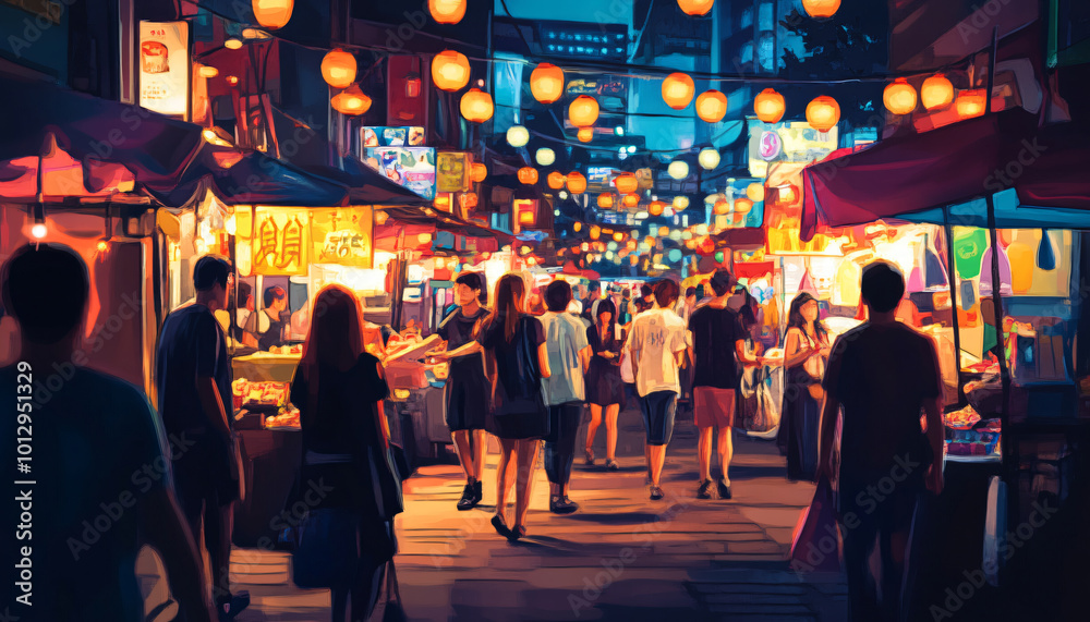 Capture people exploring a lively night market, with vibrant street food stalls and glowing lights in the background Capture people exploring a lively night market, with vibrant street food stalls and glowing lights in the background