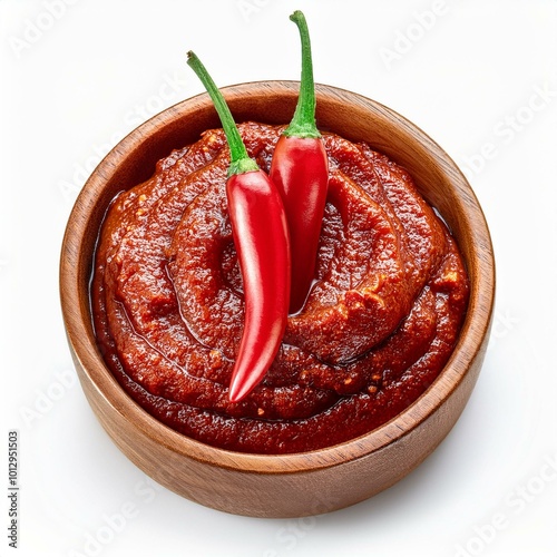 Korean pepper paste and red pepper isolated on white background, Gochujang Korean traditionl Chili paste on on white background With clipping path photo