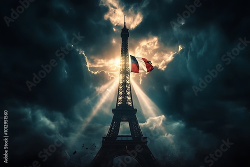 Celebratory colorful fireworks over the Eiffel Tower in Paris, France