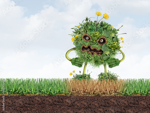 Lawn weeds Monster on a healthy lawn as a grass character and weed trouble as dandelion with clover crab grass pest problem as a symbol for herbicide use in the garden or gardening for lawn care.