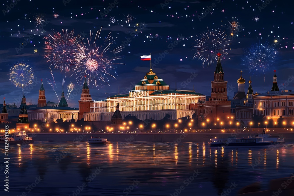 Fototapeta premium Fireworks over Red Square and the Historical Museum in Moscow.