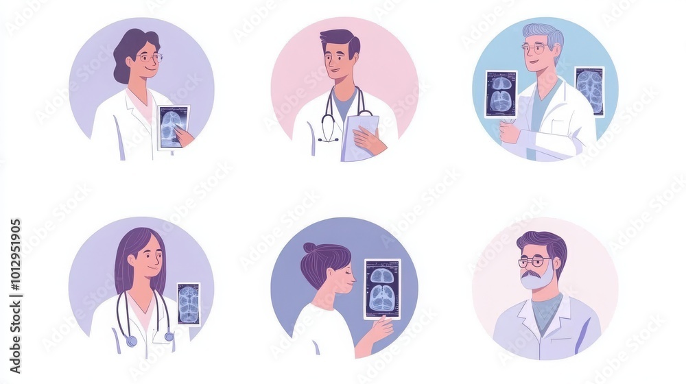 a set of illustrated avatars in circular frames showcasing diverse radiologists. One radiologist wears a lab coat holding an x-ray a set of illustrated avatars in circular frames showcasing diverse radiologists. One radiologist wears a lab coat holding an x-ray