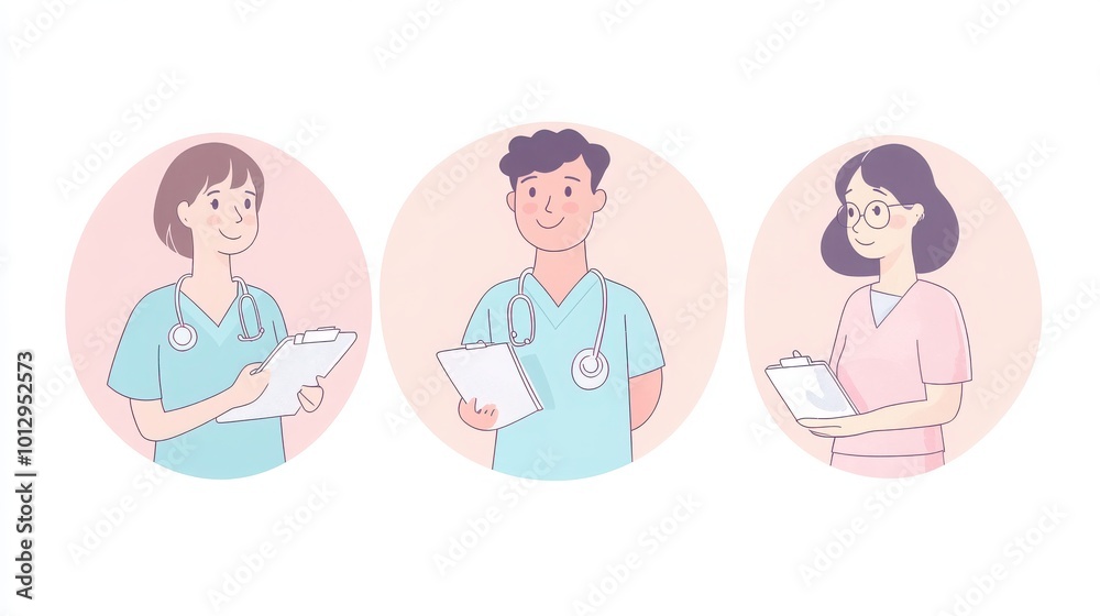 a set of illustrated avatars in circular frames showcasing diverse medical assistants. One assistant wears scrubs holding a clipboard a set of illustrated avatars in circular frames showcasing diverse medical assistants. One assistant wears scrubs holding a clipboard