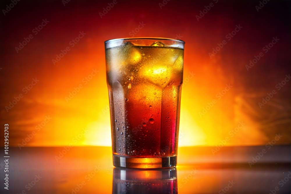 Close-up of cola with ice cubes against warm background Close-up of cola with ice cubes against warm background