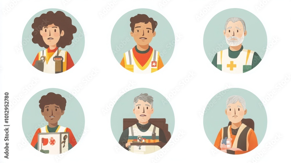  a set of illustrated avatars in circular frames showcasing diverse paramedics. One paramedic wears an emergency vest holding a medical kit