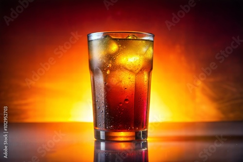 Close-up of cola with ice cubes against warm background